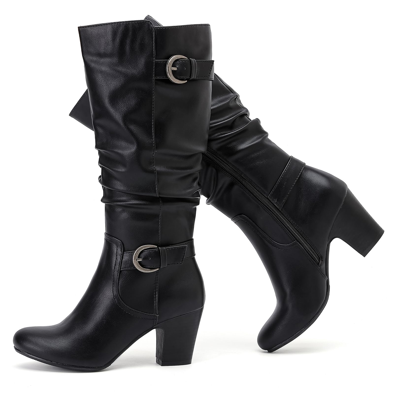 Women's Slouchy Knee High Boots with Chunky Heel, Pointed Toe, Comfortable and Fashionable Fall Winter Boots for Women.